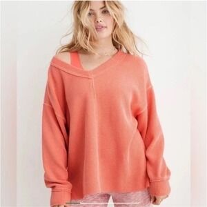 Aerie Wonder Textured V Neck Oversized Sweatshirt Pullover Size M Coral Orange